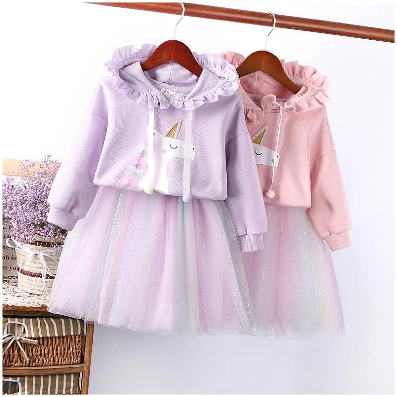 

Toddler Girl Clothes Set For Winter Autumn Long Sleeve Hooded Sweater+Rainbow Mesh Skirt Fashion Suits Cartoon Children Clothing