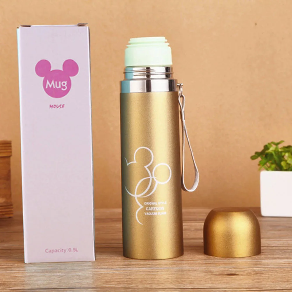 Gold Микки Маус из нержавеющей стали вакуумная кружка мультфильм термос 500 мл бутылка для воды - Цвет: Gold