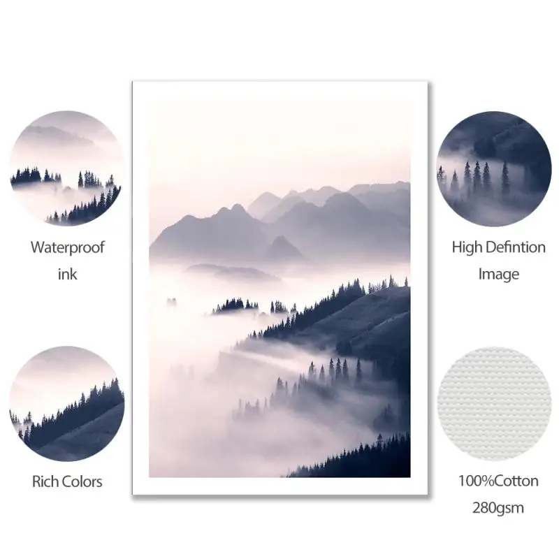

Canvas Painting Misty Mountain Landscape Painting Art Posters and Printed Wall Pictures for Living Room Bedside Mural Home Decor