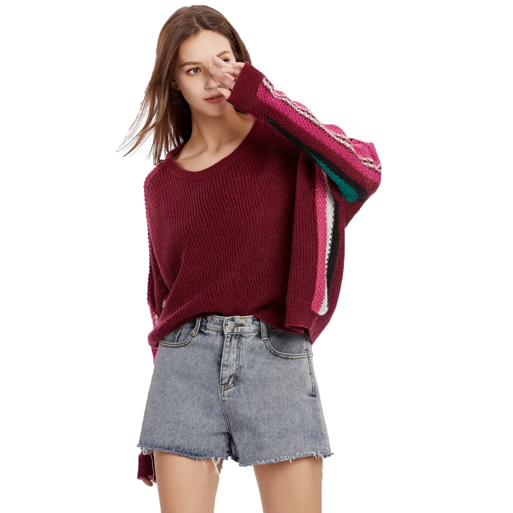 Sweater women plus size Autumn Winter Warm Long Sleeve Round Collar Bat Rainbow Stripe Knit Tops W1010 | Женская одежда