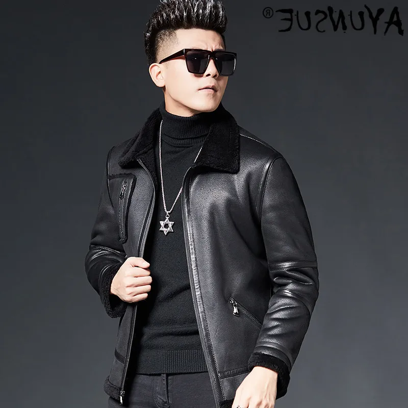 

Men's leather jacket autumn and winter sheepskin jacket motorcycle 100%