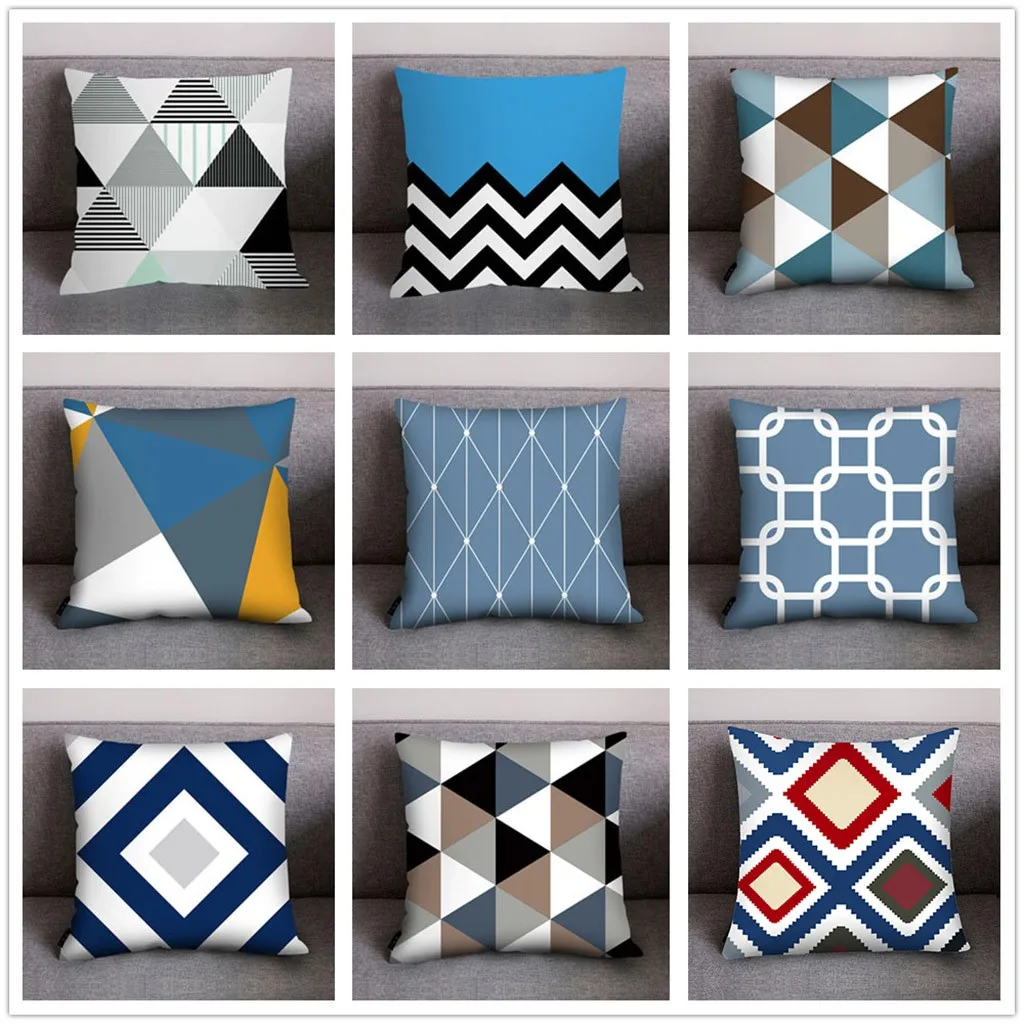 Модный чехол для подушки холодных цветов с геометрическим принтом ручной работы