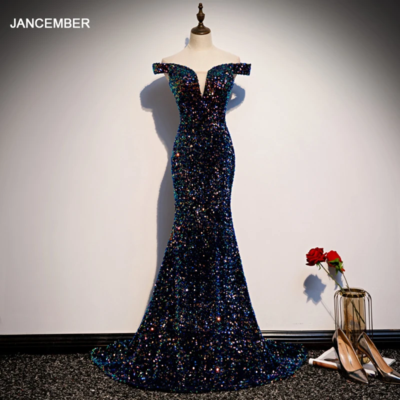 Женское вечернее платье-Русалка с блестками платье открытыми плечами для