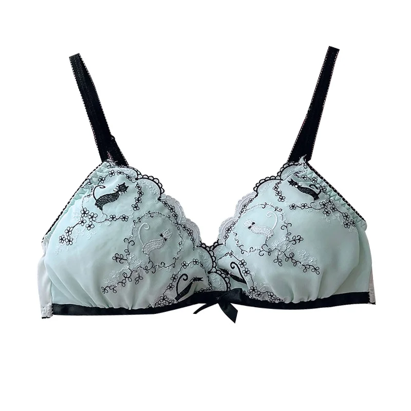 Japanese Style Soft Girl Sweet Cute Cat Embroidery Ruffled Thin Underwear Wireless Triangle Cup Bra Jum | Женская одежда