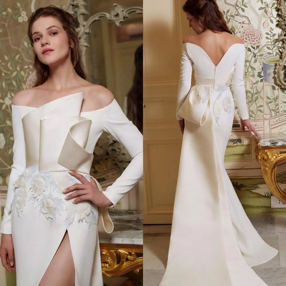 

Женское вечернее платье с цветочной аппликацией, длинным рукавом и открытыми плечами