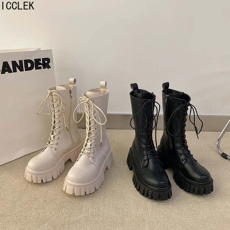 

Winter Platform Motorcycle Boots Women Mid Calf Booties Lace Up Bootties Non Slip Fashion Zippers Thick Bottom botas de mujer