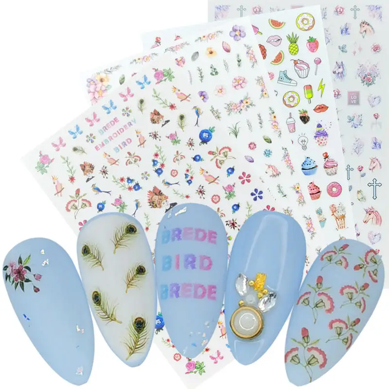 1 лист 3D наклейки для ногтей клейкие цветы листья геометрия фрукты десерт дизайны