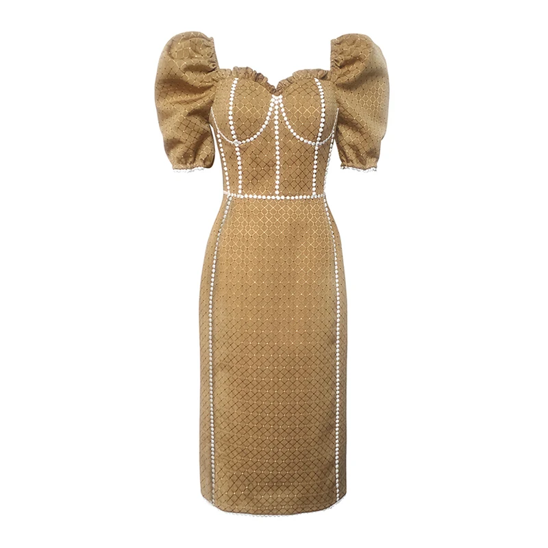 

VGH Gold Elegant Dress For Women Square Collar Puff Short Sleeve High Waist Vintage Midi Dresses Females 2021 Summer Fashion New