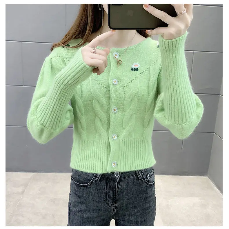 

Spring Autumn Cardigan Women White Solid Color Loose Embroidery Single Breasted Female Korean Style Short Knitted Sweaters M20