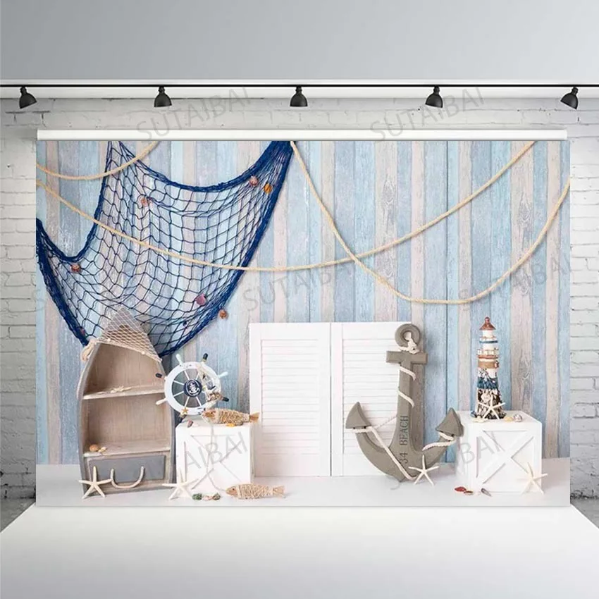 

Summer Nautical Wood Board Backdrops Photography Ship Shell Boat Deck Beach Decor Photo Background Child Photostudio Photocall