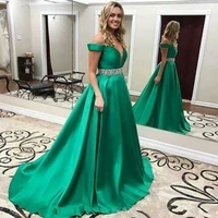 new green beads a line long evening dress 2021 elegant vestido de festa off the shoulder prom formal gowns plus size jyfs005