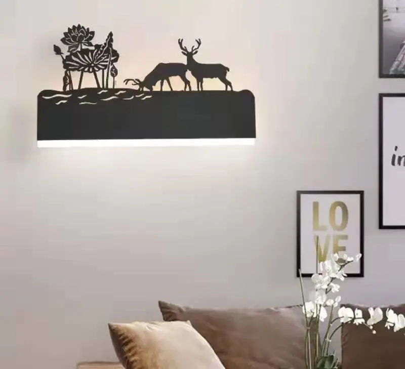 Deer beside river Светодиодный Романтический светодиодный настенный светильник, креативная живопись, 110-240 В, современное черное бра, украшение для ванной комнаты, гостиной, комнаты с животными - Цвет абажура: Deer beside river