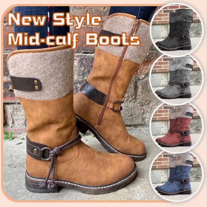 

Women Snow Boots Vintage Round Toe Low Heel Long Booties Winter Autumn Shoes TC21