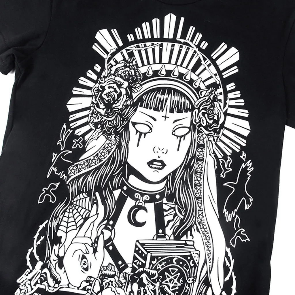 

Women Gothic Casual Dress Oversize Cartoon Print Punk Tee Dresses Black O Neck Fashion Short Sleeve Mini Dress Streetwear