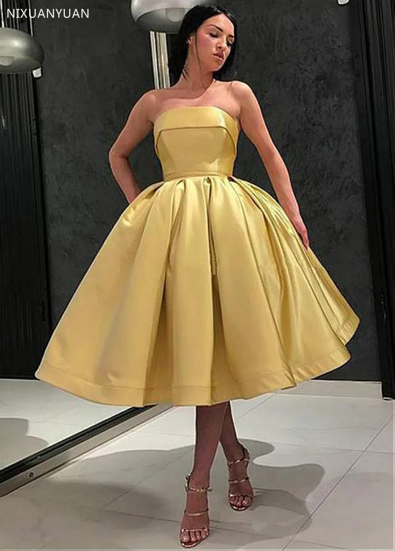 

Gold Short Prom Dress Strapless Tea Length Boho Prom Dresses A Line Puffy Satin Plus Size Arabic Prom Gowns for Women