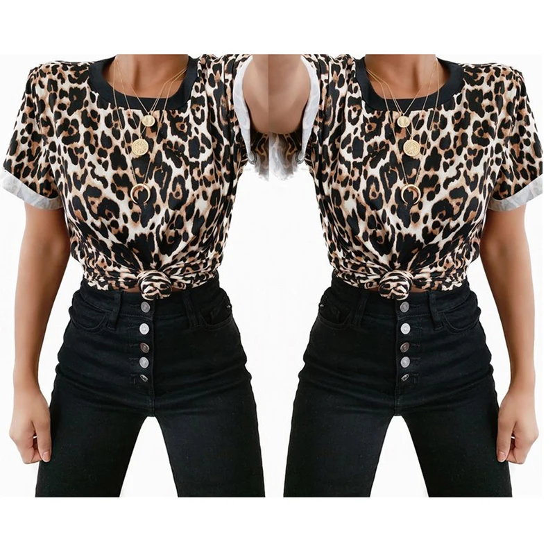 Женская Офисная футболка с круглым вырезом и леопардовым принтом коричневая