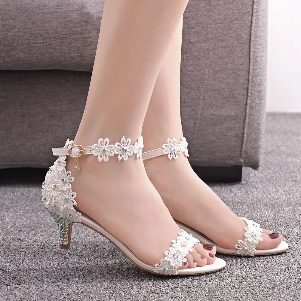 

Women's High Heels Sandals White Lace Rhinestone Wedding Shoes Large Size 45 Female Pumps