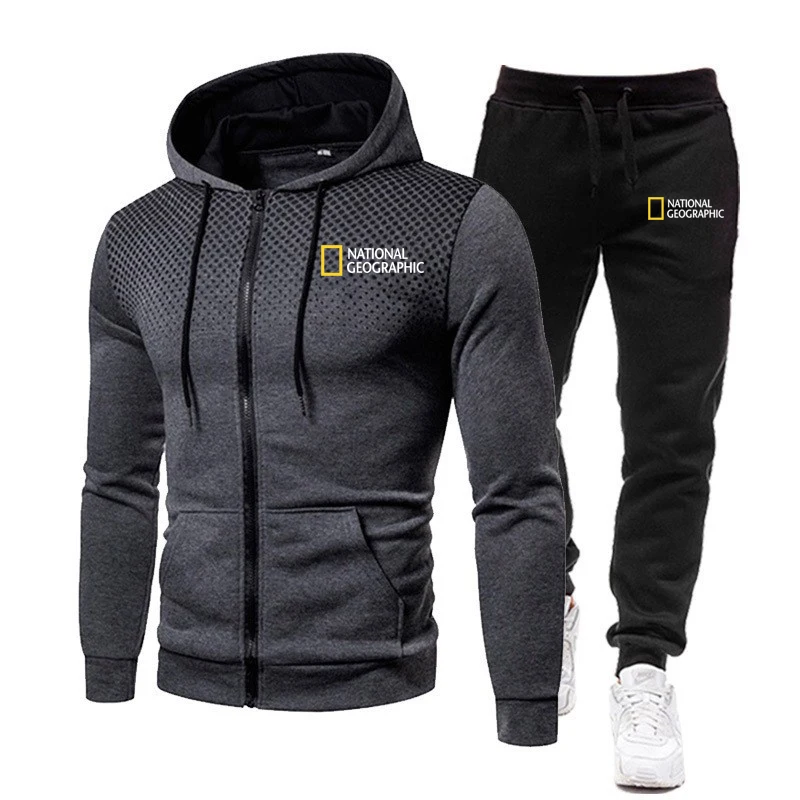 

National Geographic Men's Set Printed Hoodie Set leece Zipper Hooded Sweatshirt + Trousers Casual Mens Tracksuits