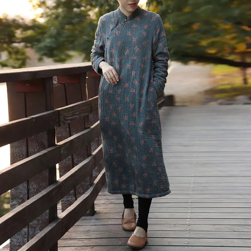 Женское бархатное платье в стиле ретро Johnature с цветочным принтом и длинными