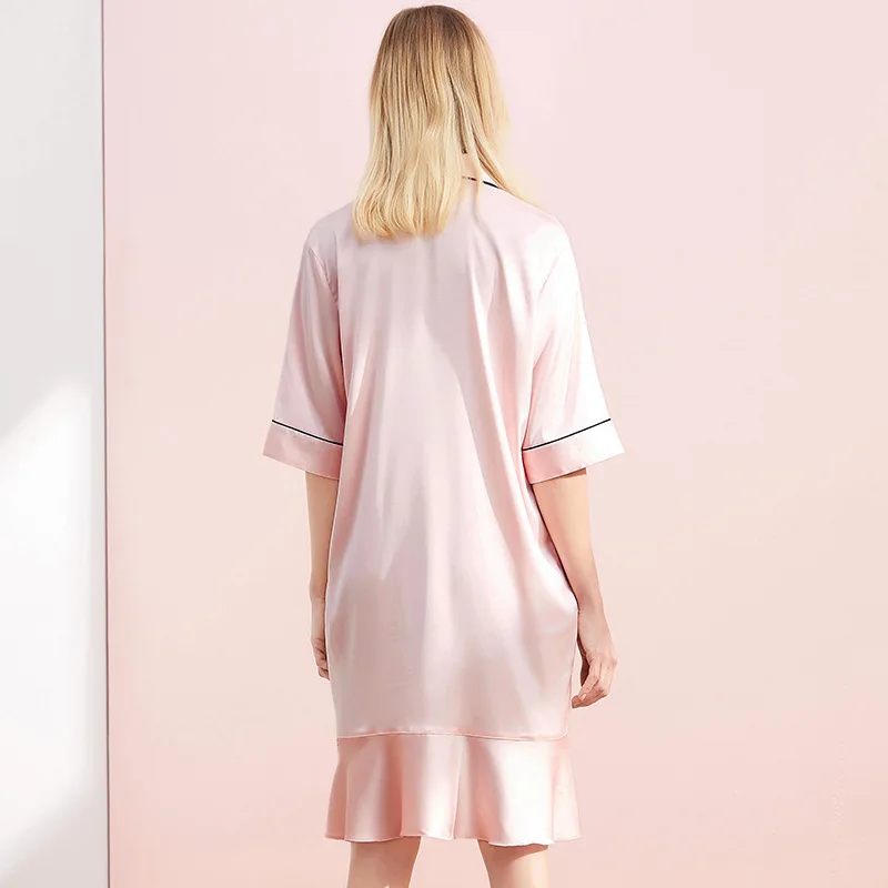 

Spring 2021 new mid-long nightdress women high-end imitation silk midsleeved pyjamas ice silk home wear summer autumn