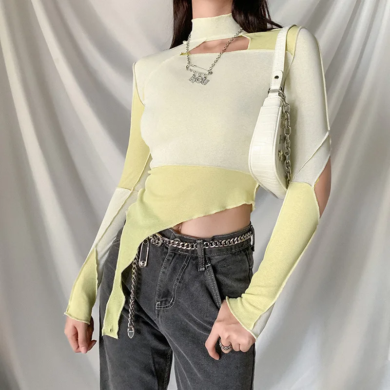

Women Casual Autumn Long Sleeve Turtleneck T-Shirt Asymmetry Contrast Color Patchwork Crop Tops Slim Club Street Fashion Tshirt
