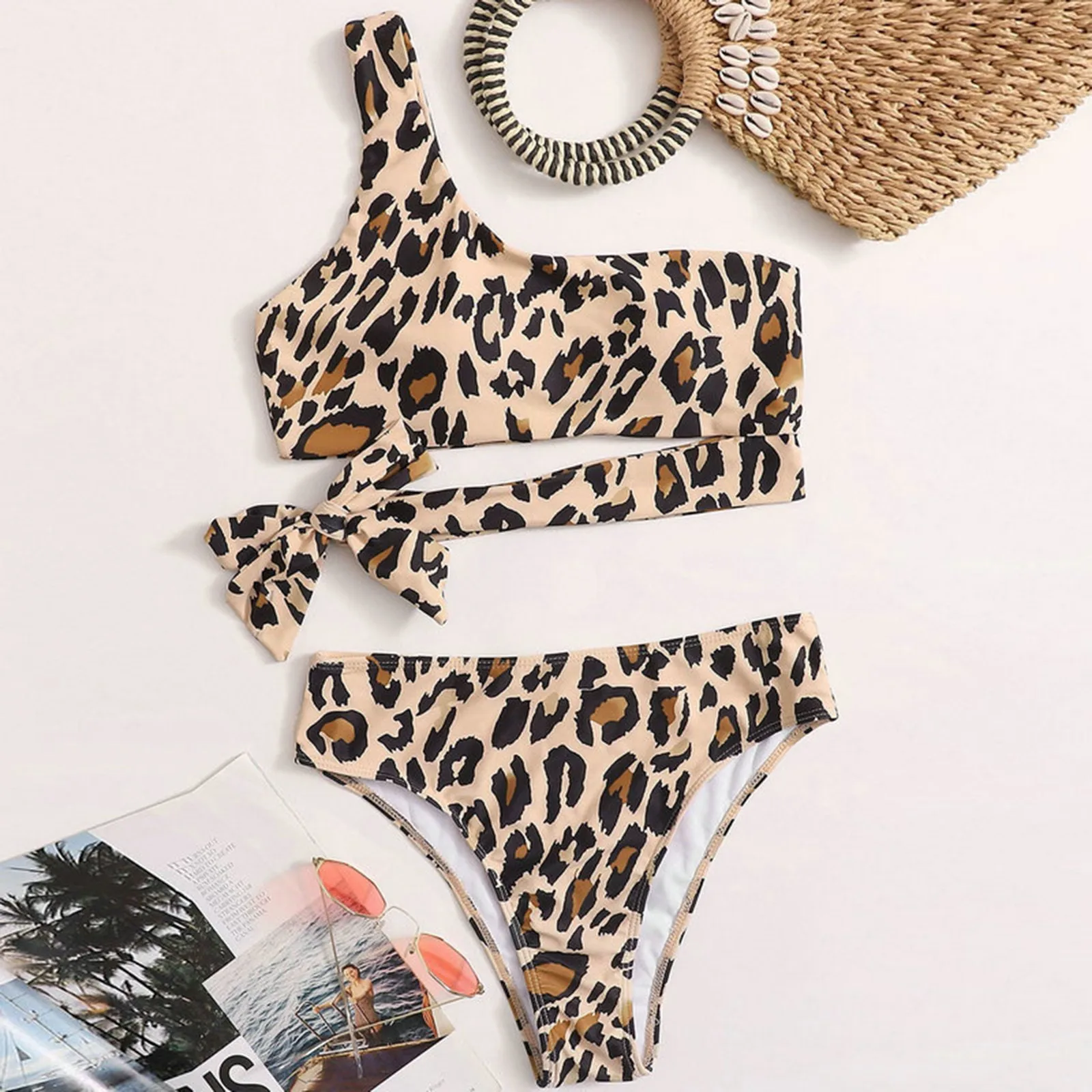 

Hollow Out Swimwear High Waist Bikini Push Up One Shoulder Bandage Bikini Women's Floral Print Split Swimsuit Bathing Suit Women