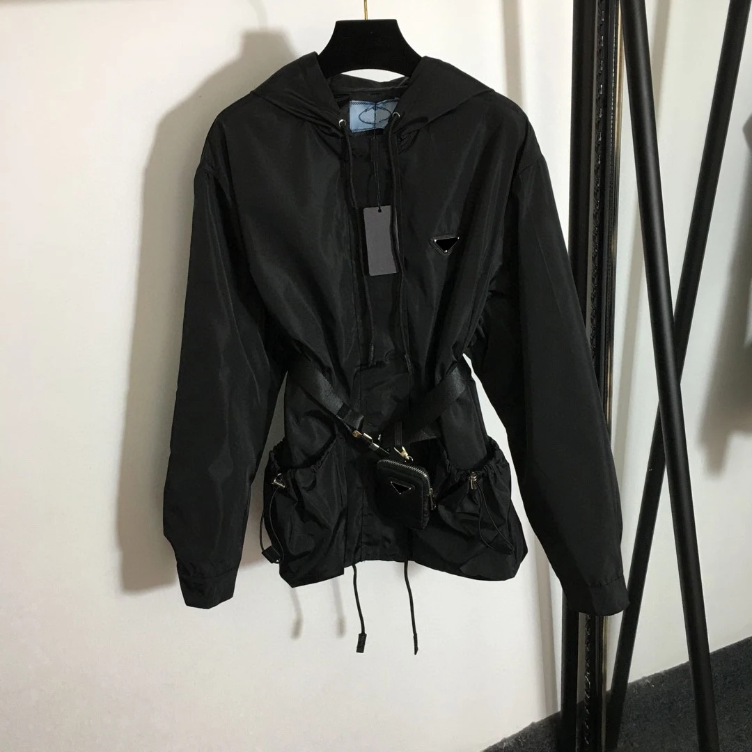

High Quality Spring Autumn Women jacket coat Luxury Triangle Logo Storage Pocket Long Sleeve Hooded Trench Coat Waist Bag