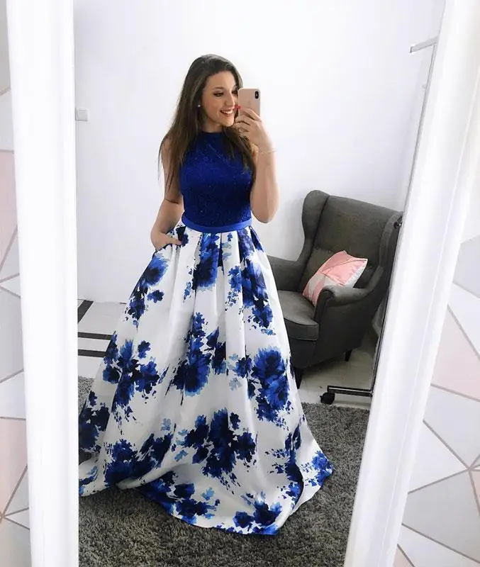 сарафан женский летний синее без рукавов с высокой талией лоскутный принт платье