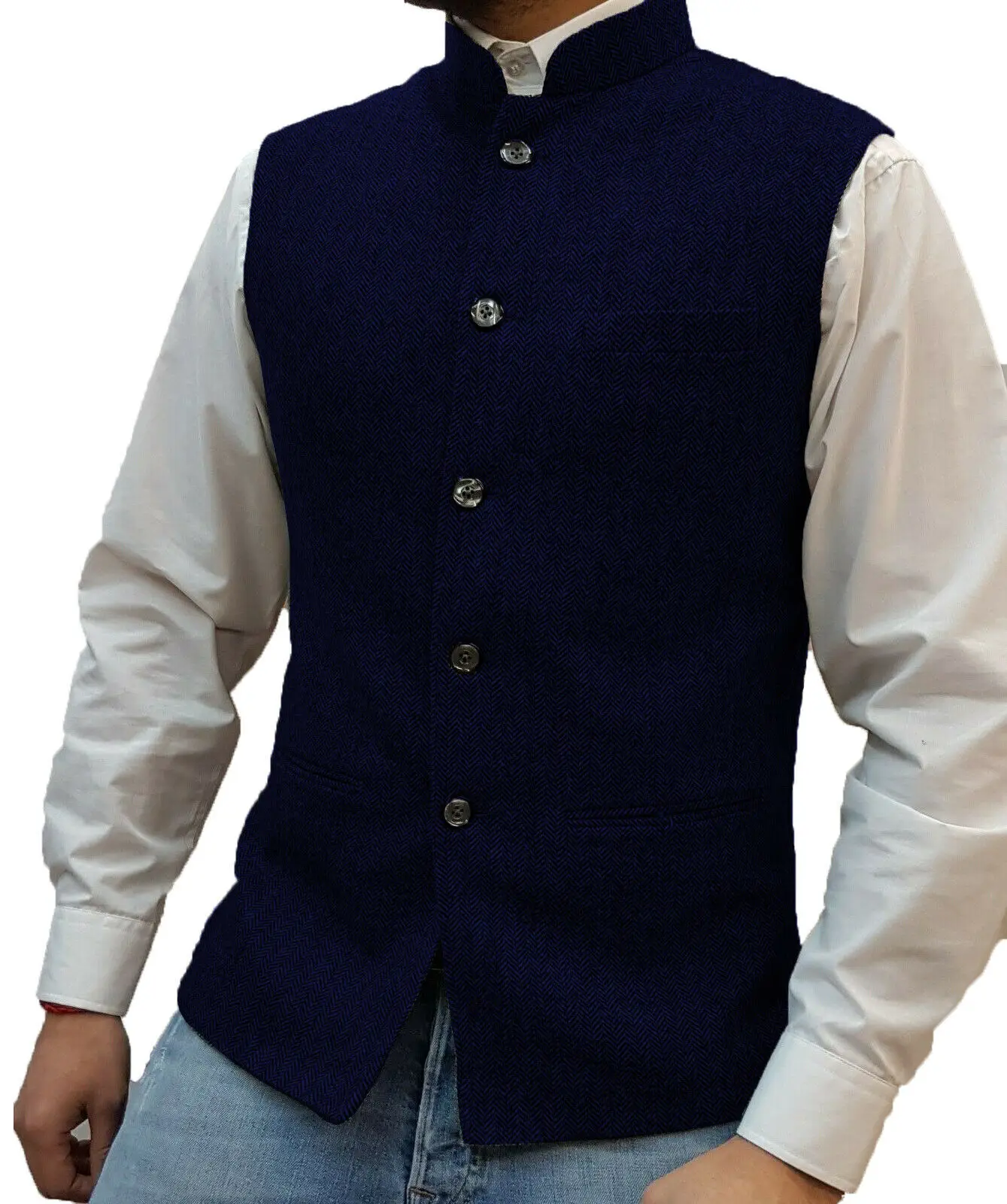 Men's Vest Stand-up Collar Herringbone Suit Vest Steampunk Style Wedding Groom Waistcoat