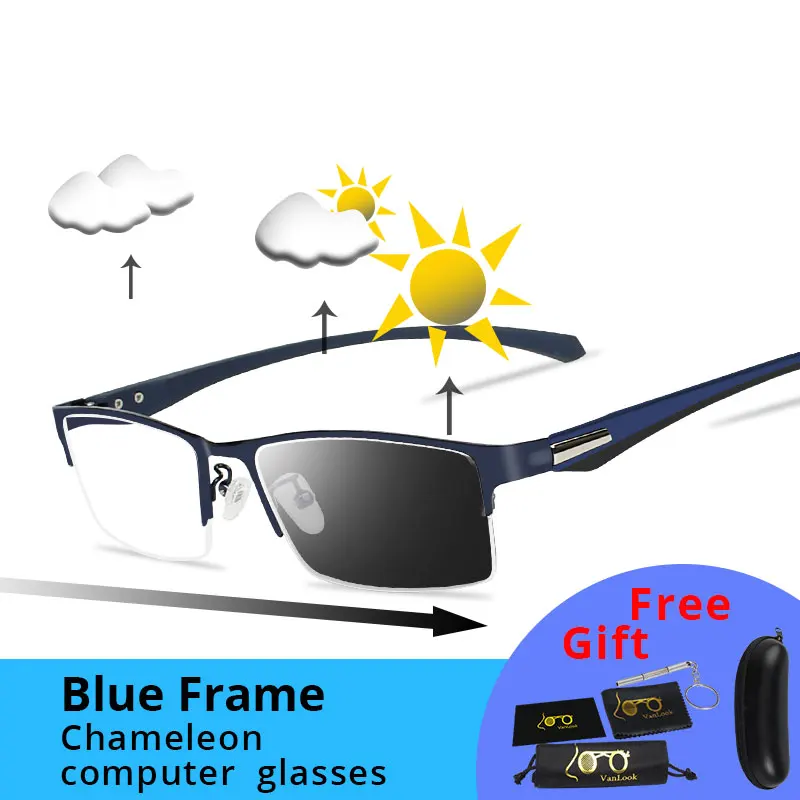 Blue 0.00 Фотохромные очки Хамелеон Линзы Близорукость Blue Light Blocking Мужские компьютерные очки Игра на прицел-0,50-0,75-175-5,5-6 - Цвет оправы: Blue 0.00