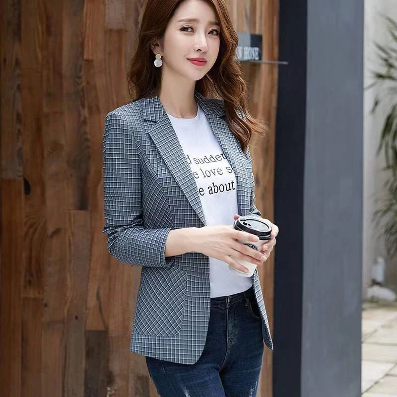 Винтажный двубортный офисный женский клетчатый блейзер с длинным рукавом