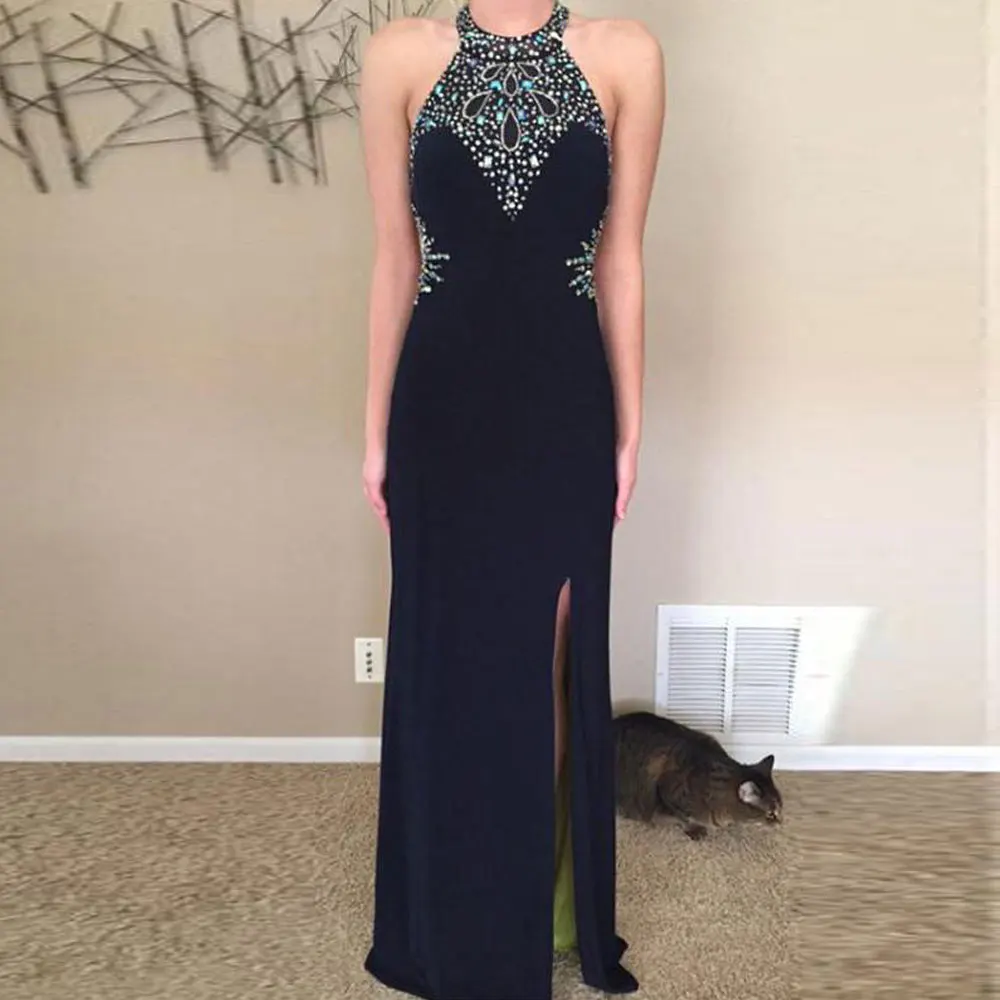 

Black Halter Evening Dresses Mermaid / Trumpet Floor length Party Dresses Beading Front/Side Slit Sleeveless Party Gowns Fashion