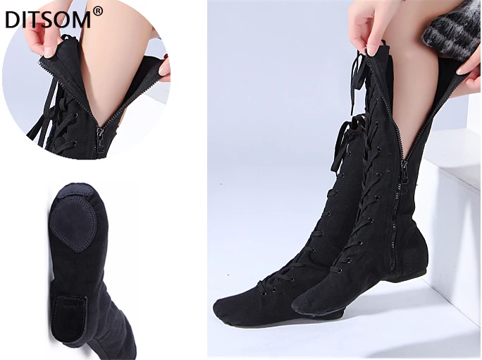 Высокие танцевальные ботинки для женщин парусиновые с боковой молнией и