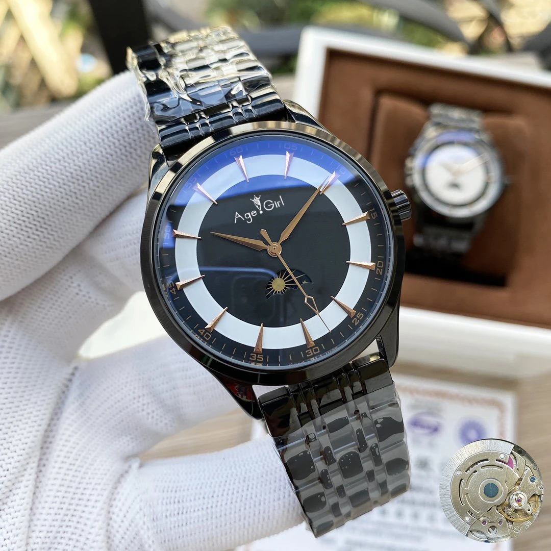 

Luxury Brand New Men Silver Full Black Moonphase Stainless Steel Automatic Mechanical Limited Sport Sapphire Glass Back Watch