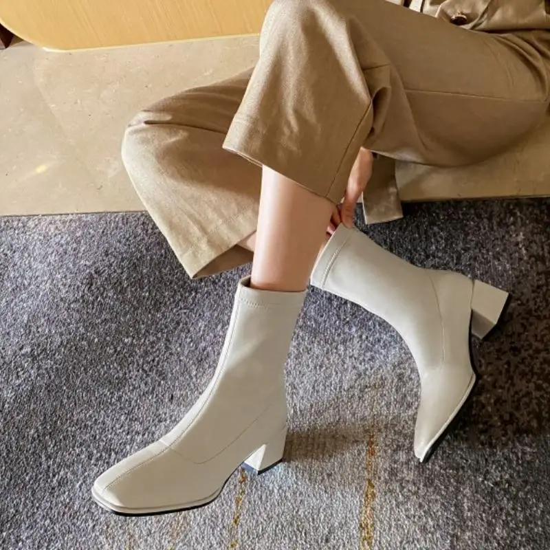 

Fanyuan Boots Size 32-43 Women Mid Calf Boots Square Toe Thick Heel Zipper Shoes Winter Warm Boots Women Fashion Party Footwear