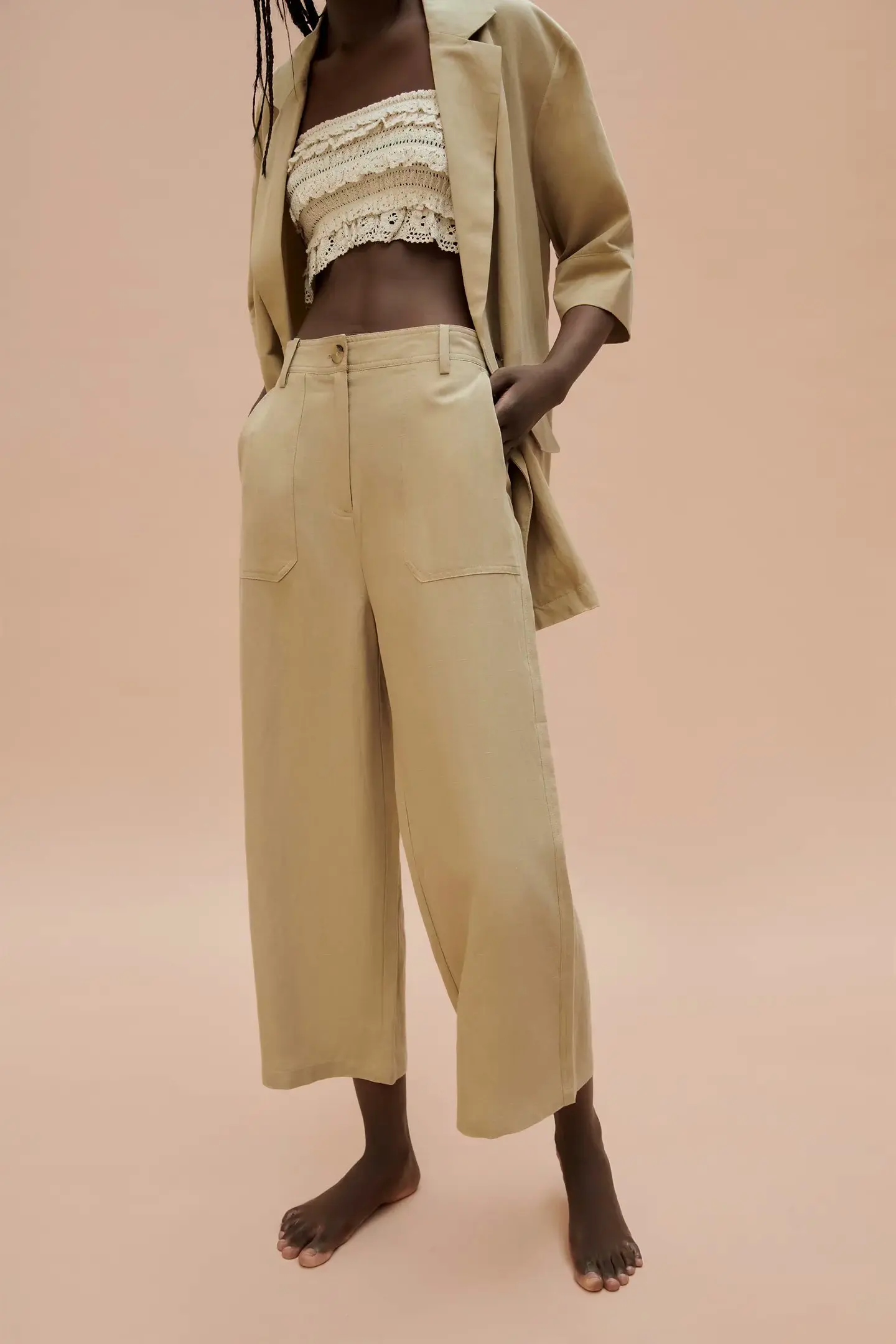 

Pure Color Linen Drape Female Trousers Casual Retro High Waist Pocket Simple Western Chic Women's Pants