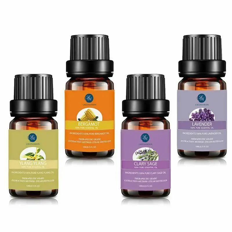 

Lagunamoon 4Pcs Relaxation Natural Aromatherapy Bergamot Clary Sage Rosemary Ylang Essential Oil Set 10ML Ship From US