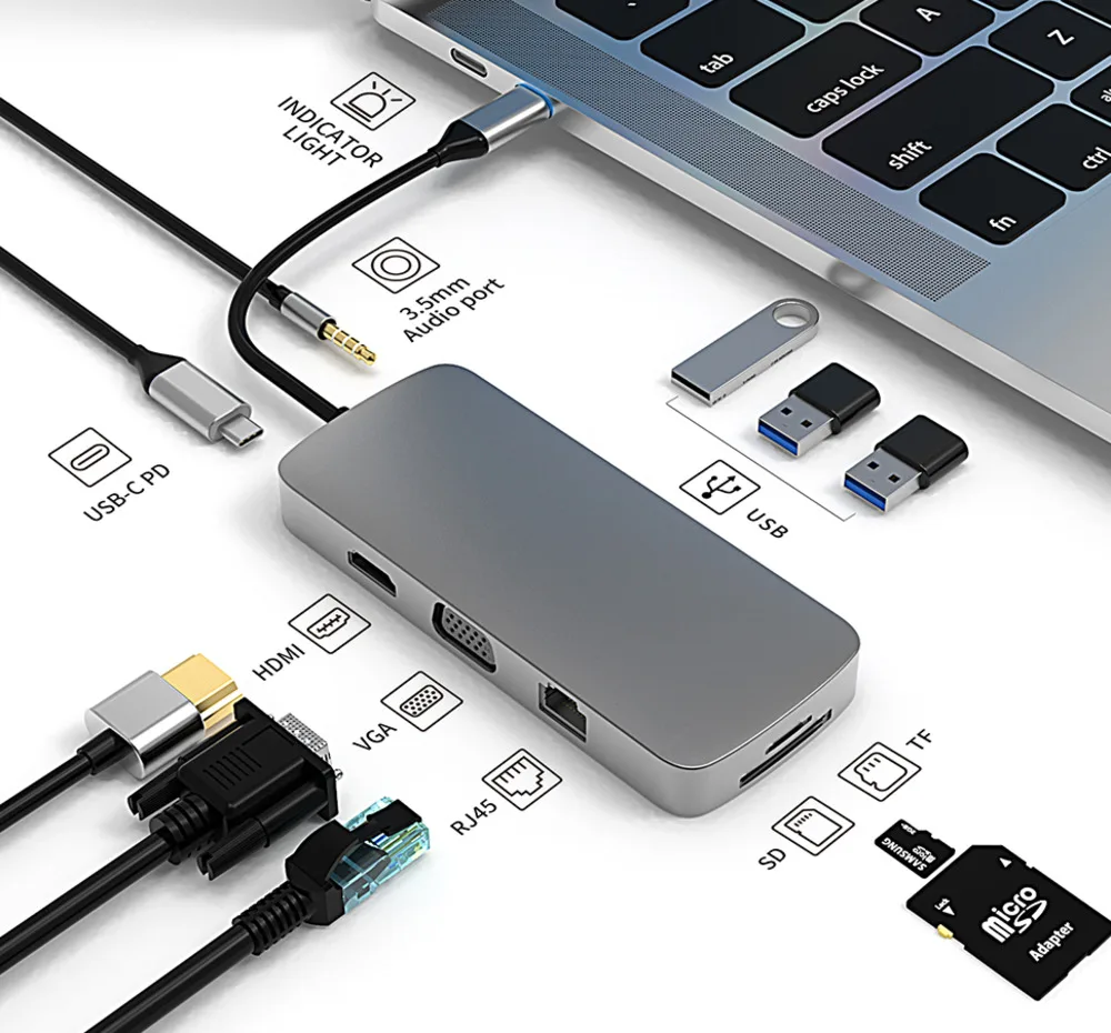 

10 в 1, для адаптера HDMI, 4K, VGA, 1080p, rj45100m, SD/TF-карты, 3,5 мм, aux, 10 портов, док-станция, ноутбук