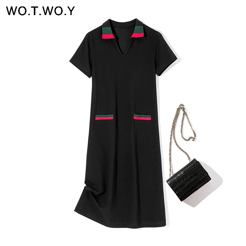 Женское Повседневное платье поло WOTWOY черное винтажное в полоску с v образным - Фото №1