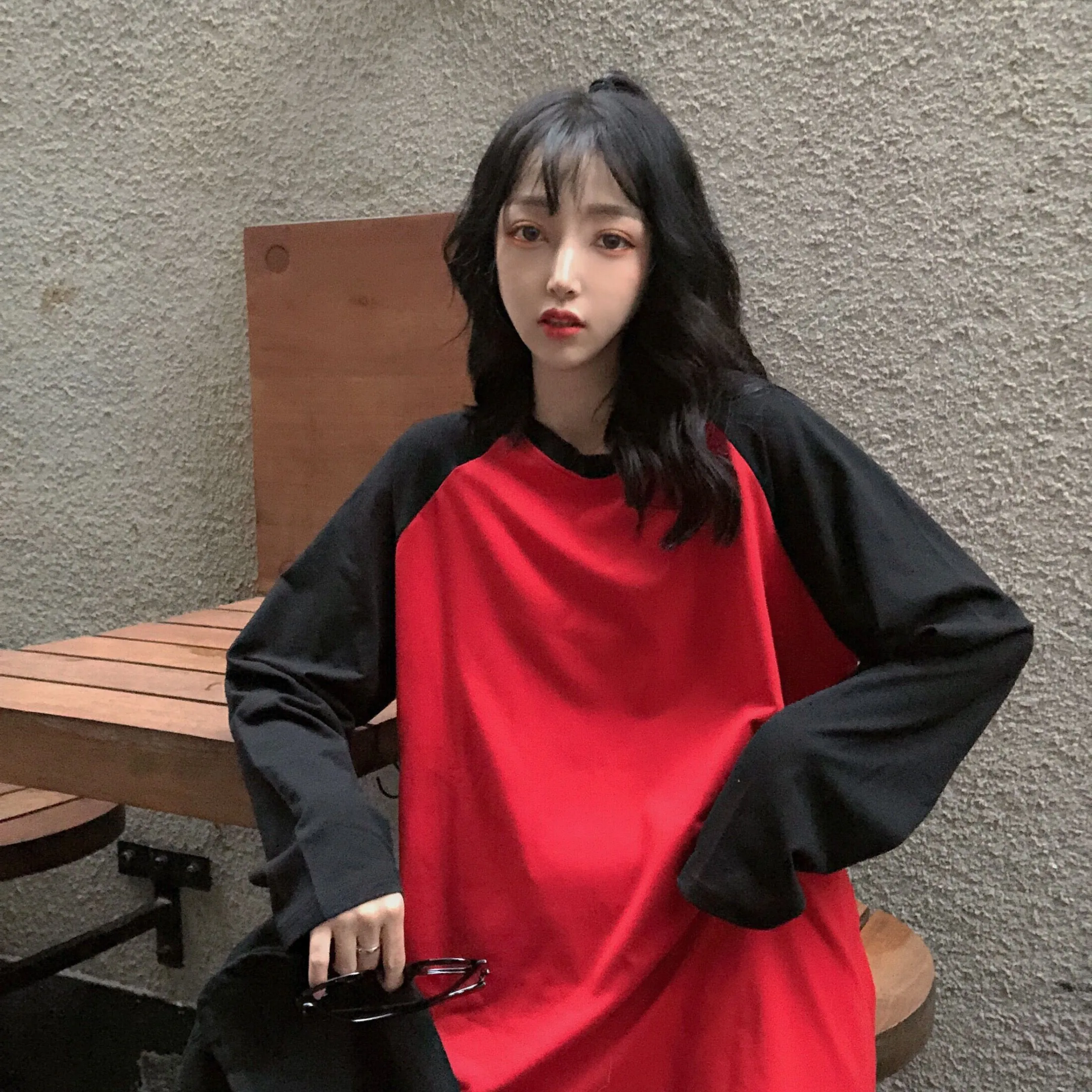 

Hot Female T-shirt Round Collar Contrast Color Long Sleeve T Shirt Women Spring Women Patchwork Graphic Tee Tops Vintage kawaii