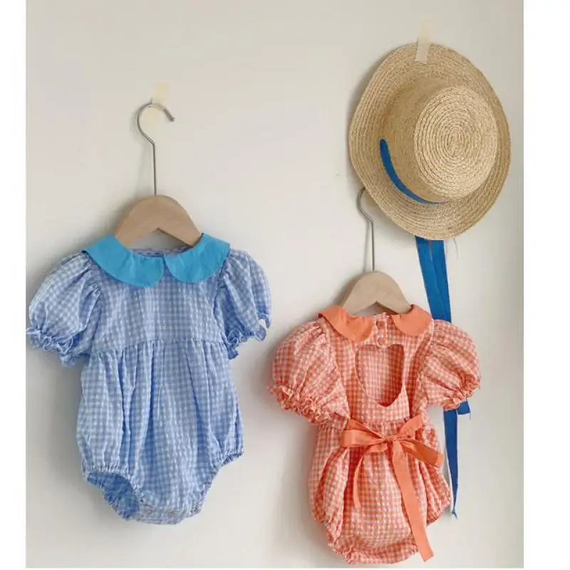 

Newborn Baby Girl Fashion Casual Plaid Lapel Puff Sleeves Bodysuits Infant Heart-shaped Hollow Behind The Princess Outfit