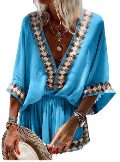 

Women Sexy Deep V-Neck Flare Sleev Short Dress Casual Loose Half Sleev Print Mini Dress Fashion Vintage Bohemian A-Line Dresses