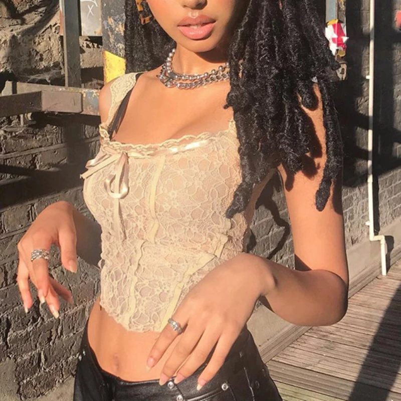 

Tank Crop Top Lady Aesthetic Sexy Sleeveless Female Elegant Cropped Lace Front Hollow 2021 Summer Black Corset Tank Tops Women