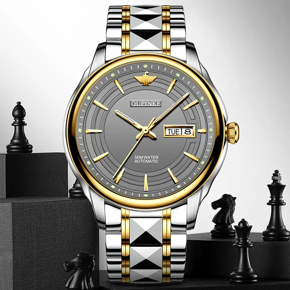 

Men's Automatic Mechanical Wristwatch top brand with double calendar tungsten steel watchband waterproof luxury male clock