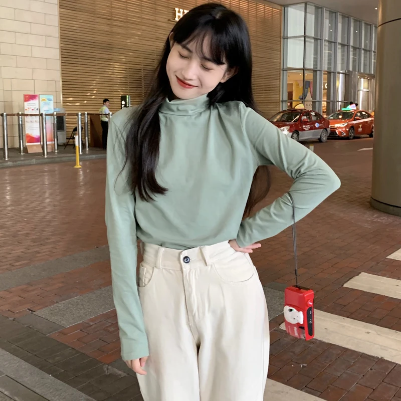 9 цветов 2021 осенняя однотонная Базовая водолазка в стиле преппи с длинным рукавом