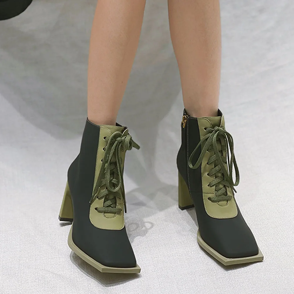 

2021 Spring Autumn New Fashion Ankle Boot High Thick Heel Square Toe Elegant Office Lady Lace Up Shoes Mixed Colors Cross Tied