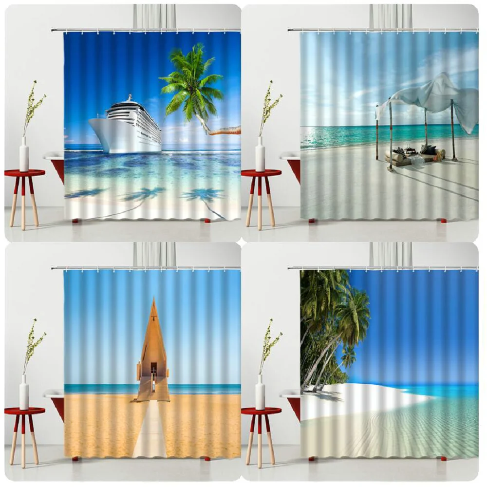 

Summer Beach Scenery Shower Curtains Sunlight Ferry Bathroom Decor Home Waterproof Screen Hanging Curtain Multiple Size
