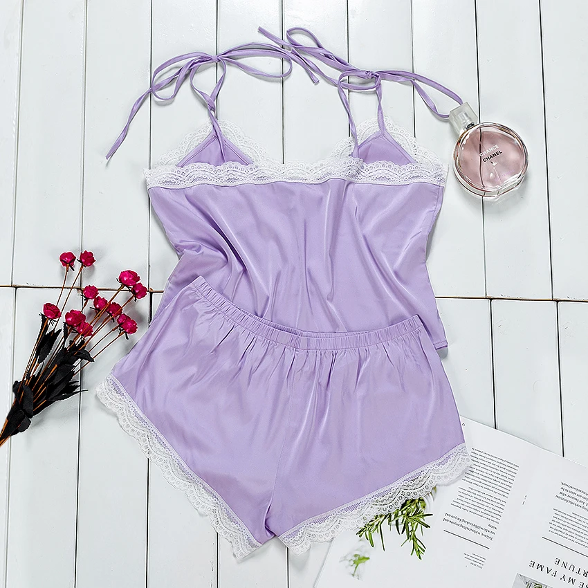 Спагетти ремень без рукавов атласный Cami Топ фиолетовый шорты комплект пижамы для