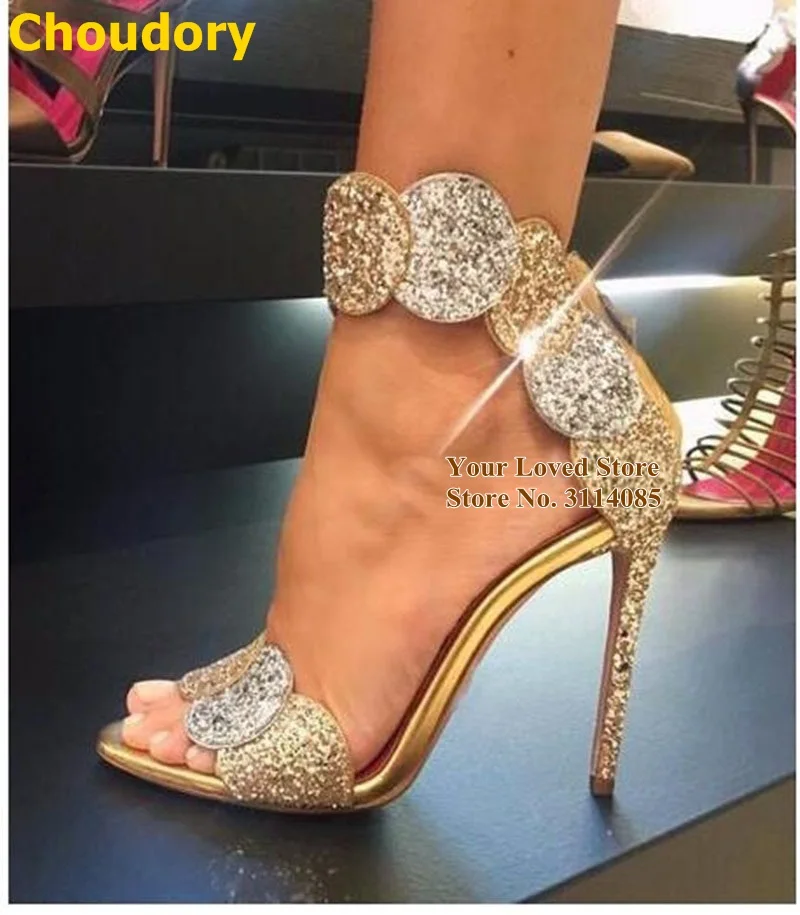 Босоножки на высоком каблуке Choudory золотистые/Серебристые Туфли с круглым