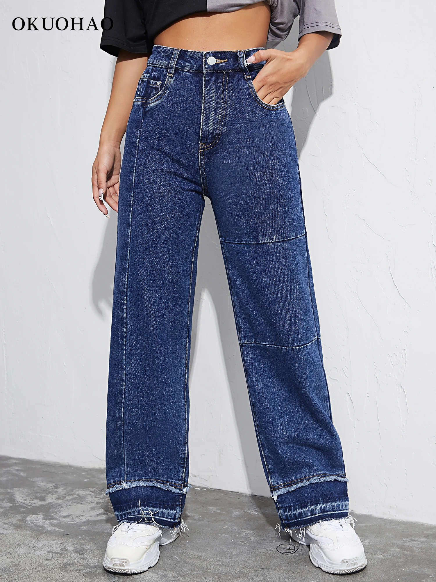 

Splice Tassel Straight Leg Wash Blue Jeans Women Casual Baggy High Waist Denim Trousers Slim Fit Full Length Pants Loose Jeans